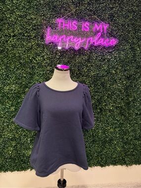 Eri & Ali Navy Short-Sleeve Puff Shoulder Top